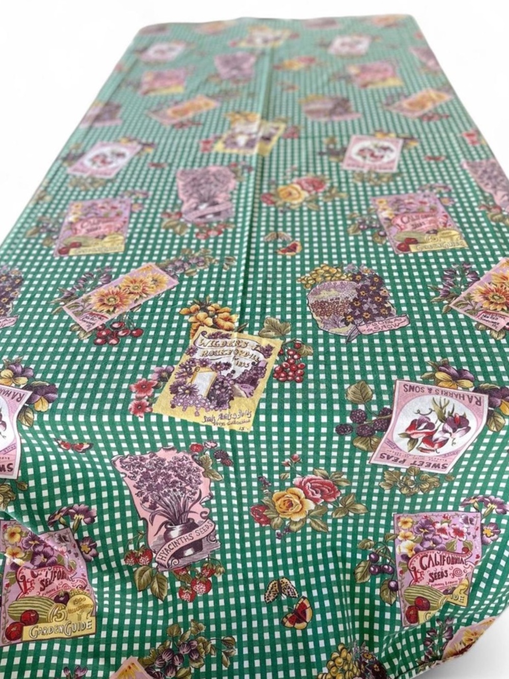 Vintage cottagecore Green Gingham Floral Seed Packet cotton tablecloth